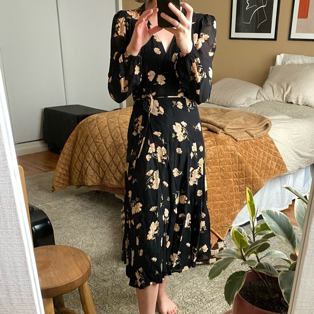 Reformation black floral wrap dress